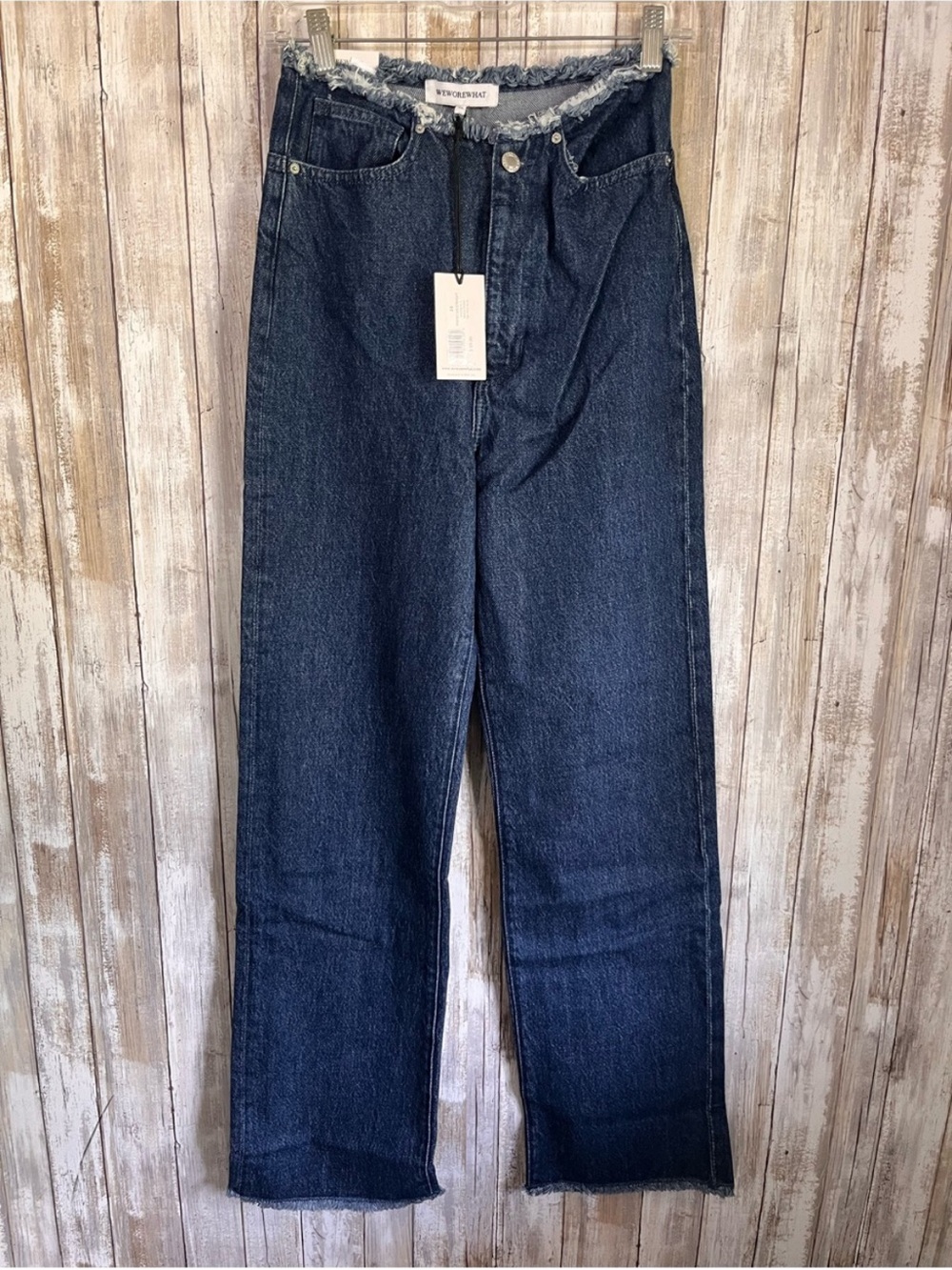NWT WeWoreWhat Frayed Waistband Straight Leg Jeans 24 Indigo Blue $99 - Picture 2 of 5